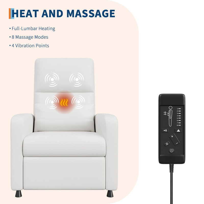 Power Recliner Chair with Massage and Heat, Adjustable Electric Recliner Ergonomic Overstuffed PU Leather Single Sofa, 2 Side Pockets and USB Port, Home Theater Seating for Living Room