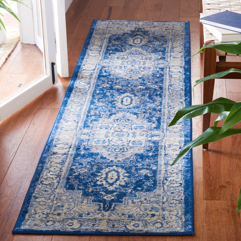 Tapis bleu marine / gris Aurich 851, Tapis de couloir 2 pi x 8 pi