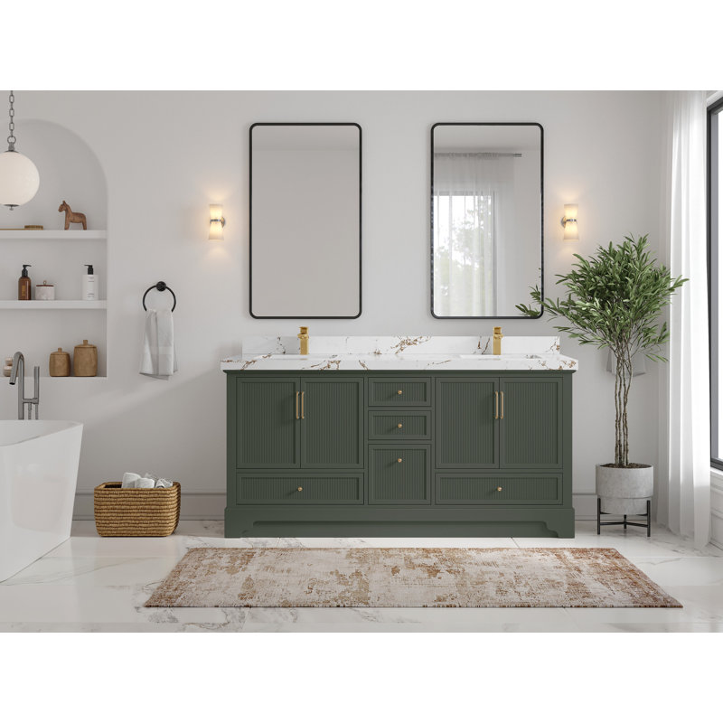 Meuble-lavabo double autoportant 72 po avec plateau en quartz Alys (option poignées)