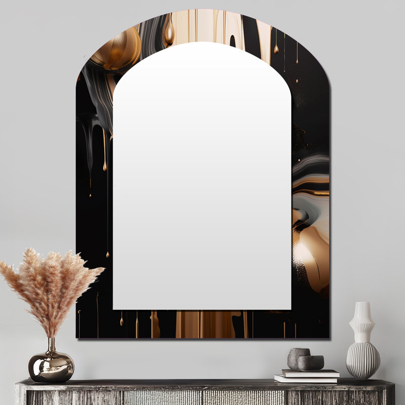 Or et noir marbré Euphoria IV - décor de miroir mural asymétrique unique en marbre, grand miroir en arc doré, impression d'art en métal