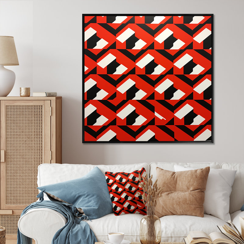 Motif rétro géométrique rouge, blanc et noir - reproduction sur toile, H 36 po x l 36 po x P 1,5 po, Cadre flottant noir
