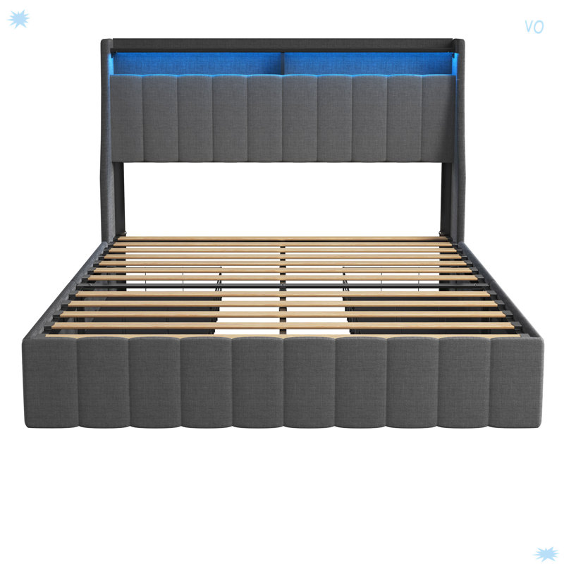 Bed Frame With LED, 4 Under-Bed Portable Storage Drawers, Queen, Dark Gray