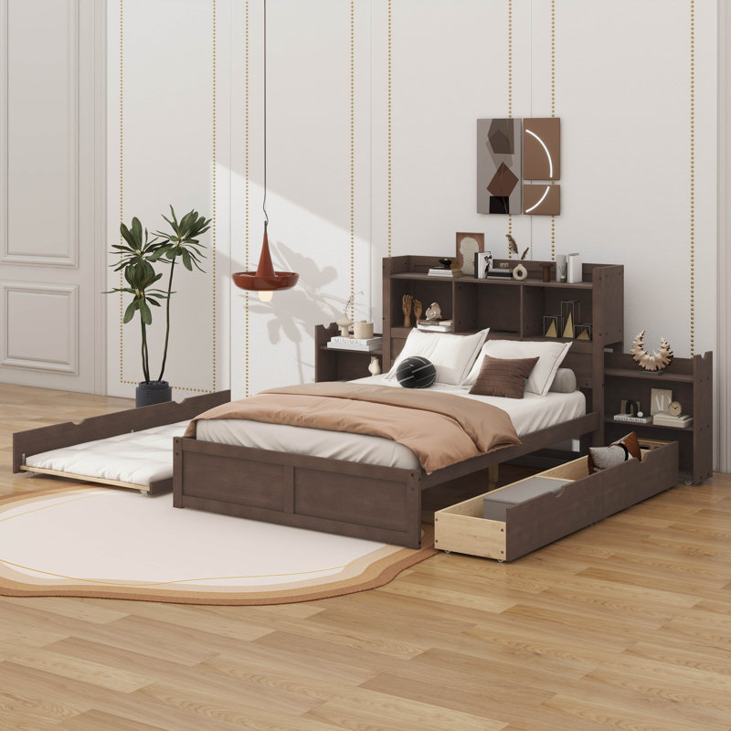 Lit plateforme double avec tablettes coulissantes, Espresso