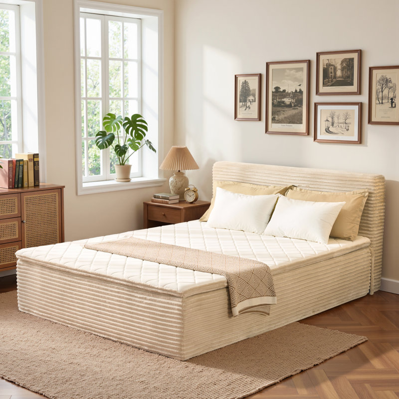 Upholstered Platform Bed, No Assembly Required Compression bed With Innerspring Mattress, Queen, Beige