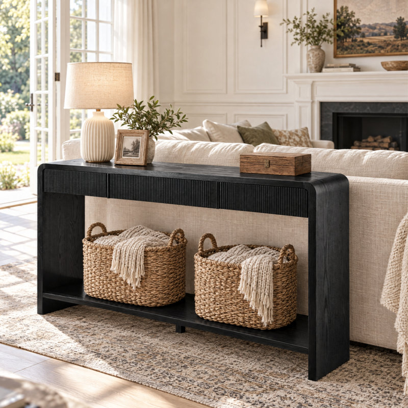 Console moderne cannelée de 150 cm avec tablette du bas ouverte, table d'appoint en bois pour l'entrée et le salon