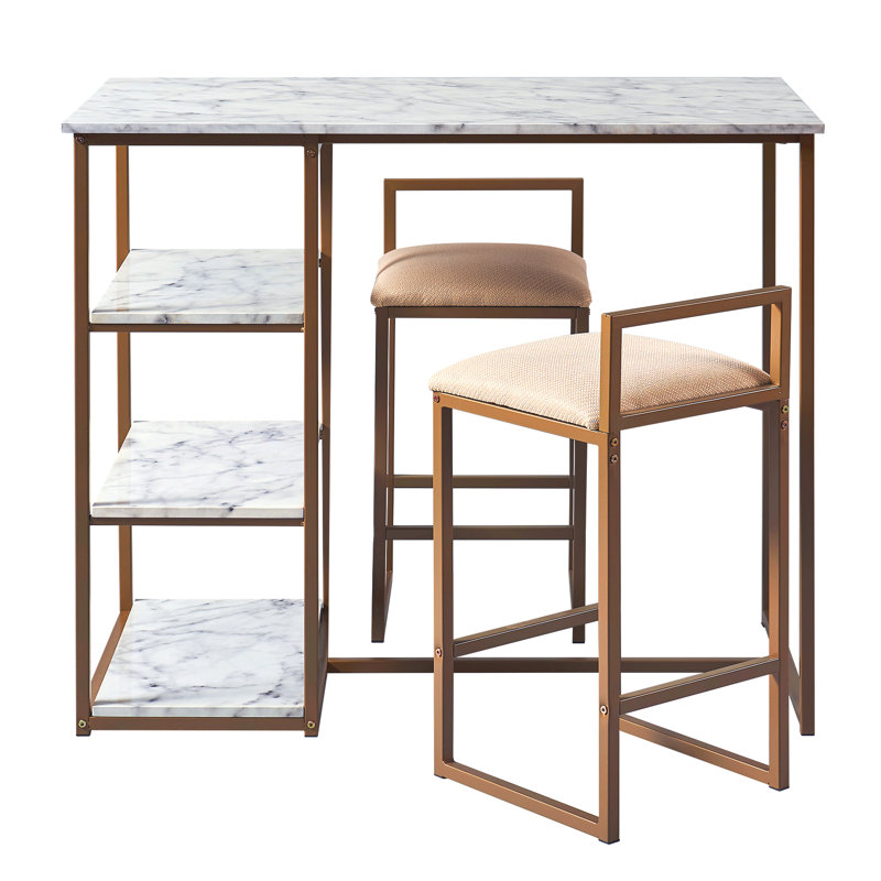 Carbone Modern Marble-Look Breakfast Dining Table Set with 2 Stools and Built-In Storage – Brass Base Finish