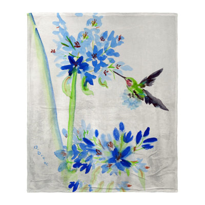 Jeté en soie Colibri et fleurs bleues