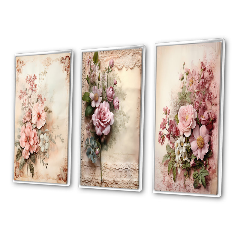 "Bouquet de roses roses en fleurs" - 3 pièces sur toile, Cadre flottant blanc, H 20 po x l 36 po