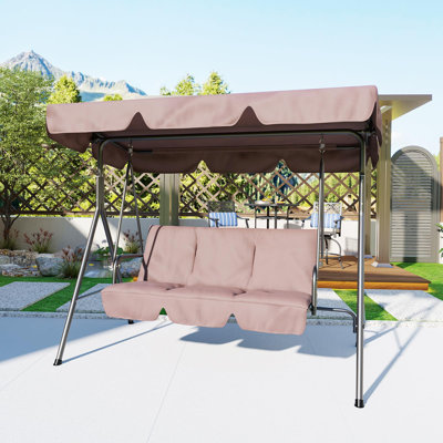 Balancelle d'extérieur 3 places avec auvent réglable résistant aux rayons UV, balançoire en acier robuste avec coussins respirants et accoudoirs pour terrasse de jardin, bord de piscine, brun foncé