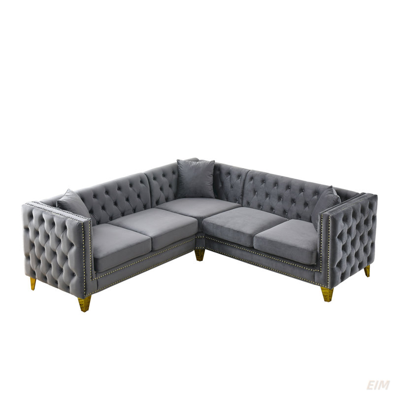 Stoughton L-Shaped Sectional Sofa with Cushions, Gray Velvet