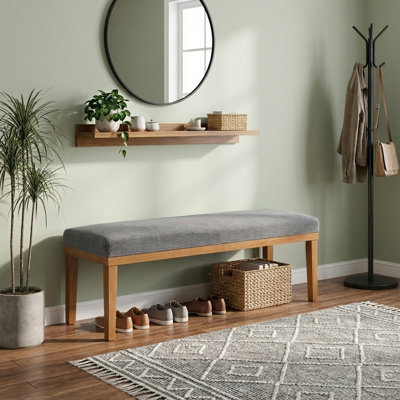 Banc d'entrée tapissier 52,8 po avec pieds en bois massif, banc de chaussures en velours gris facile à assembler