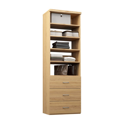 Natural Oak 25.5" Wall-Mounted Closet Section with 4 Shelves & 3 Slab Drawers
