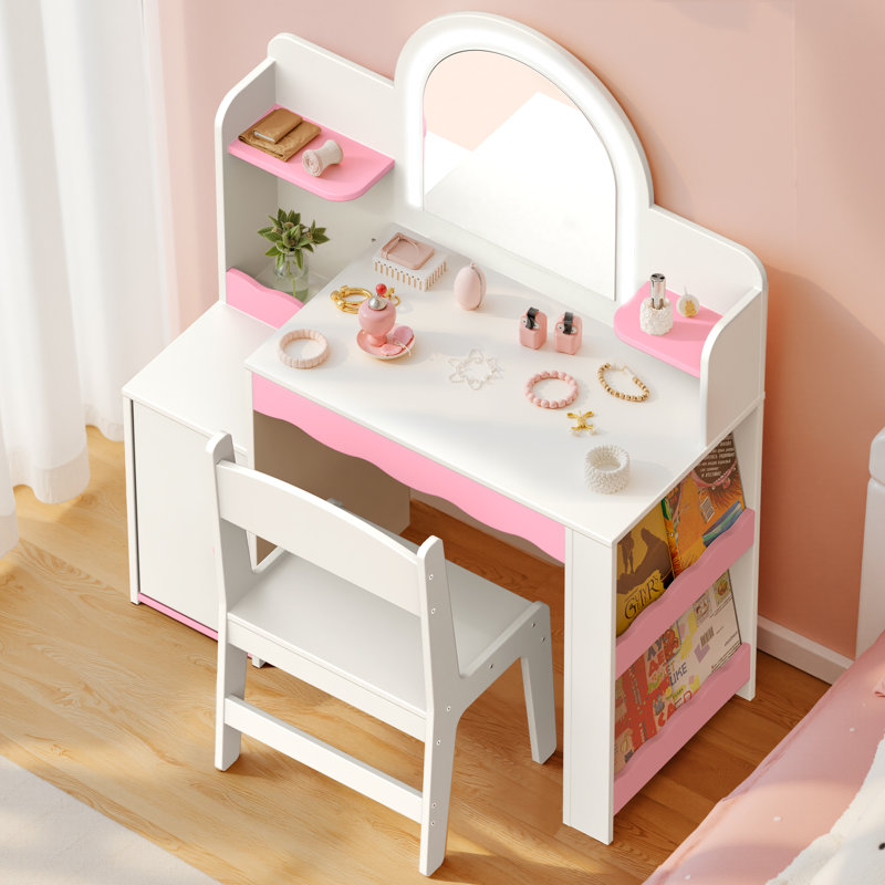 Kids Vanity with Lights, Princess Girls Vanity with Open Storage Shelves, Toddler Vanity Table and Chair Set, Perfect for Bedroom or Playroom
