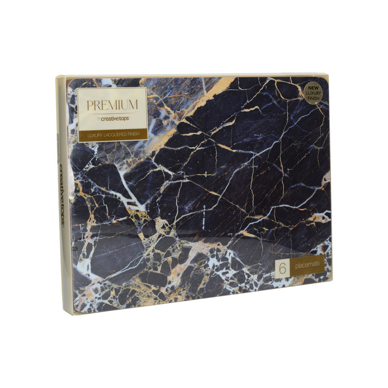 Navy Marble Lacquered With Cork Backing Abstract Rectangle Placemat