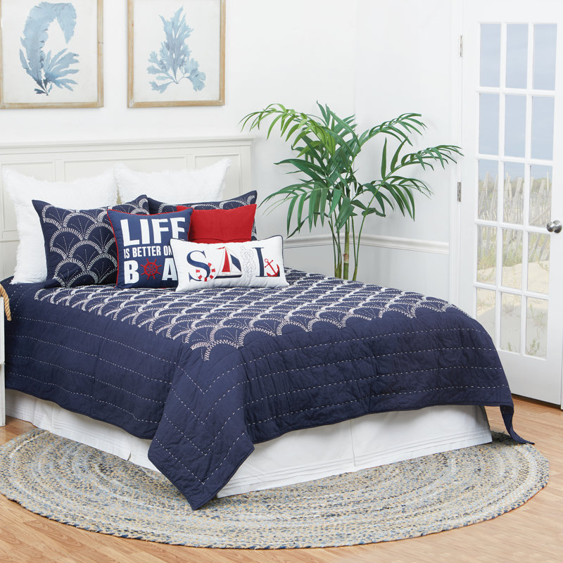 Blue Cotton Reversible Quilt Set