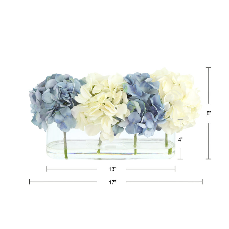 Hydrangeas Arranged in Oval Vase, White/Blue
