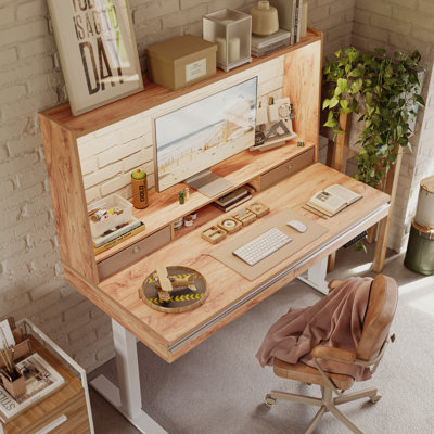 Schlosser 55'' W Height Adjustable Rectangle Standing Desk with Hutch