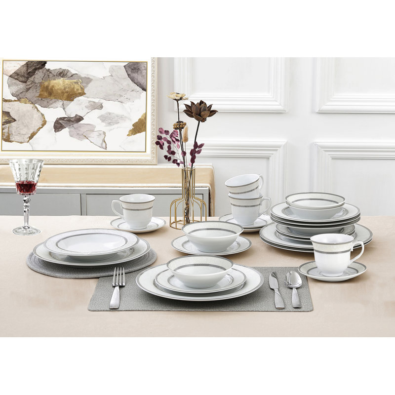 Silver Floral Porcelain 24-Piece Dinnerware Set, Service for 4