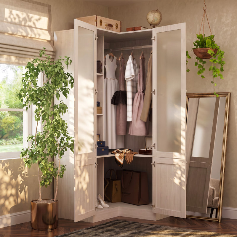 L-Shaped Corner Wardrobe Closet with 4 Doors, Hanging Rod and Shelves, Space-Saving Bedroom Storage Cabinet