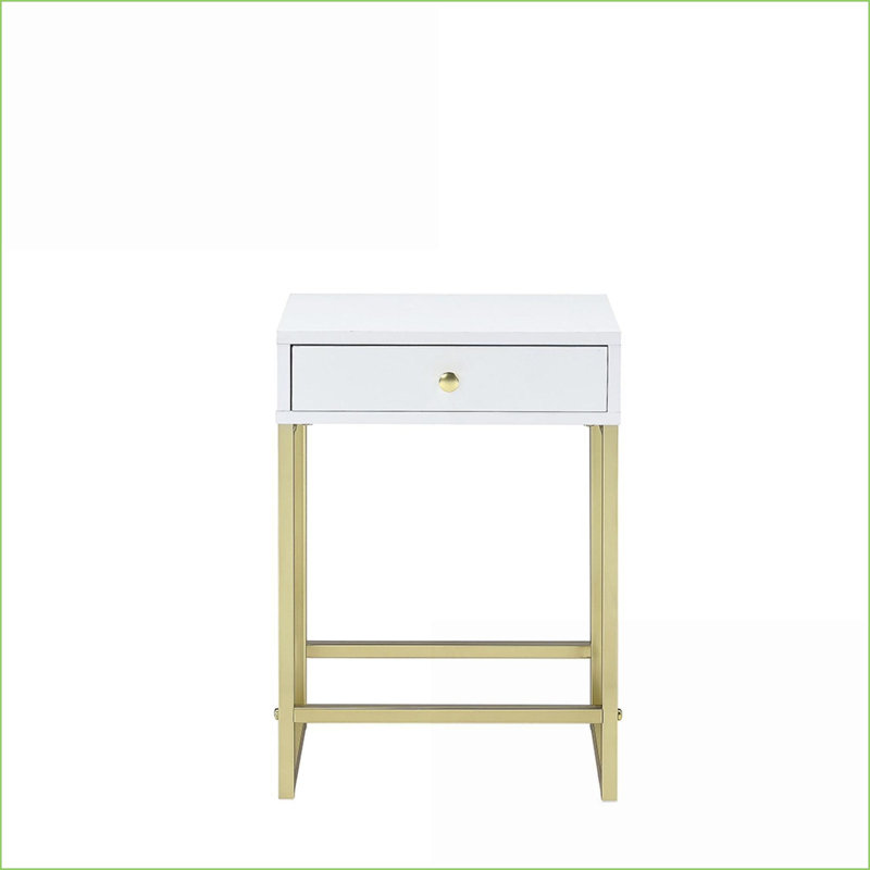 Blanc et blanc Table basse moderne en laiton avec rangement à tiroirs, table d'appoint peu encombrante pour petits espaces
