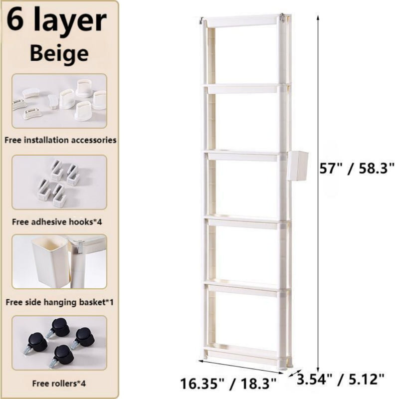 Étagère de rangement étroite en plastique à 6 niveaux avec roulette de défilement, H 57 po x l 16,35 po x P 3,54 po