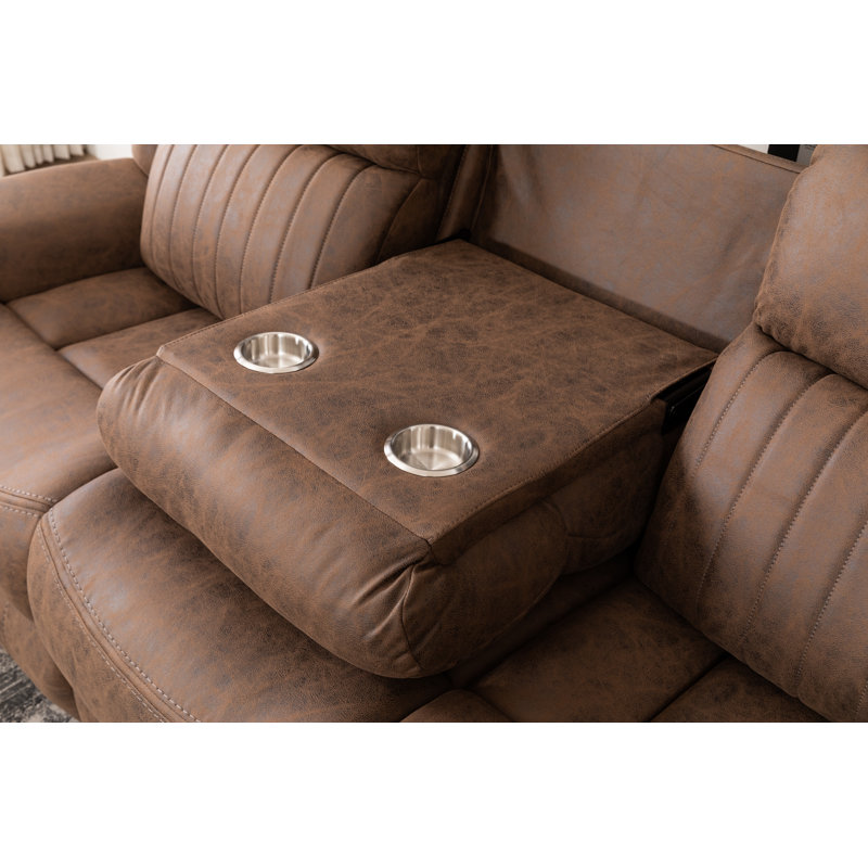 Ensemble de salon inclinable en similicuir 3 pièces: fauteuil inclinable, causeuse et canapé avec table rabattable, Brun
