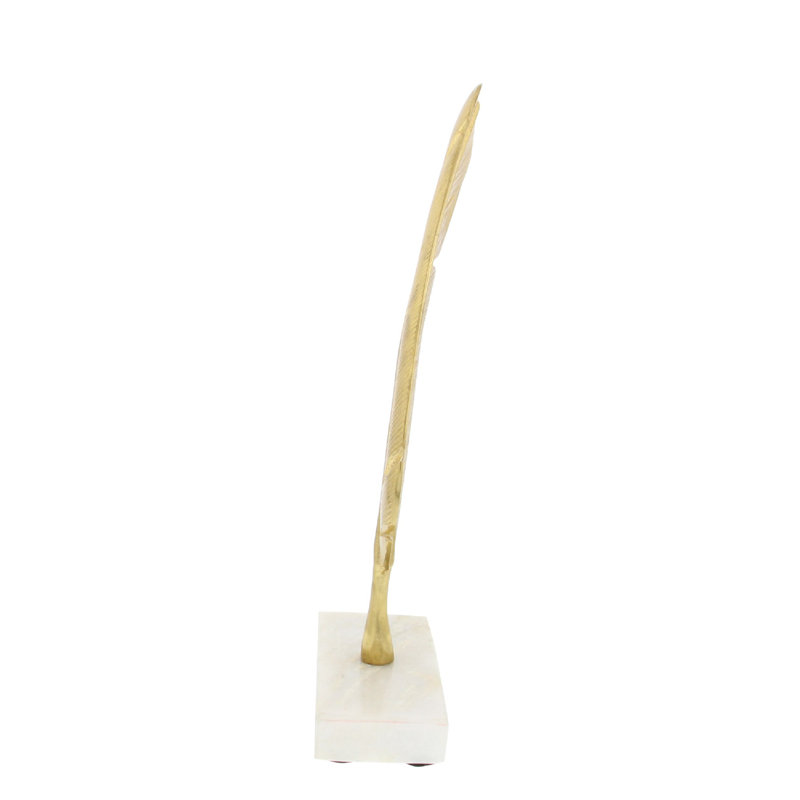 Gold Metallic Bird Feather Sculpture with Marble Base, 12" Height