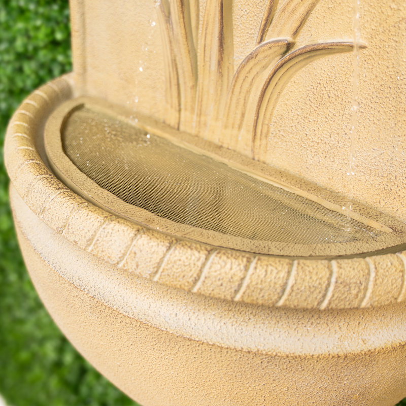 31" in H Outdoor Wall Water Fountain with Pump- Khaki Flower with Dragonfly Design with Mesh guard, Khaki