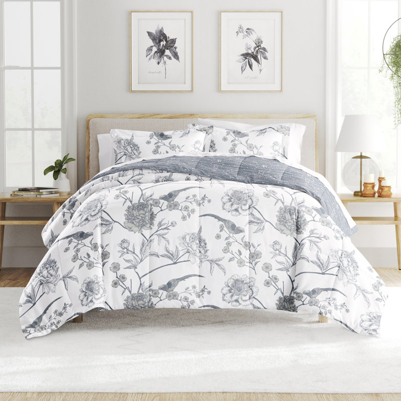 Light Blue Floral Down Alternative Reversible Comforter Set, Full