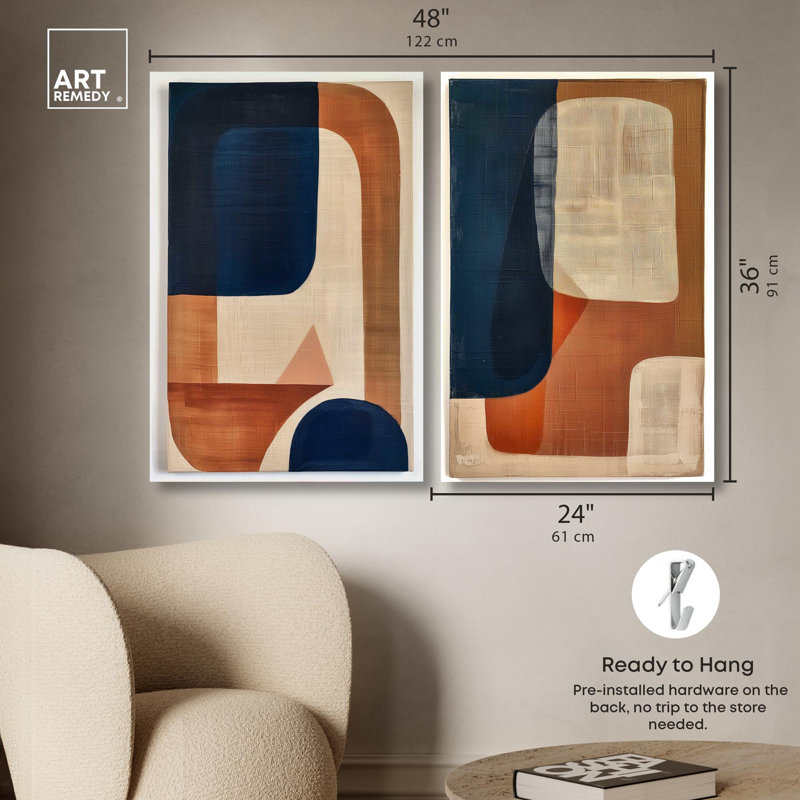 Blue Cream Set Canvas Set of 2 Boho Abstract by Art Remedy, 36" H x 24" W, Wrapped Canvas