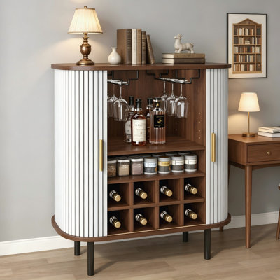 White Fluted Wine Bar Cabinet, Modern Liquor Coffee Station With Wine Rack & Glass Holders
