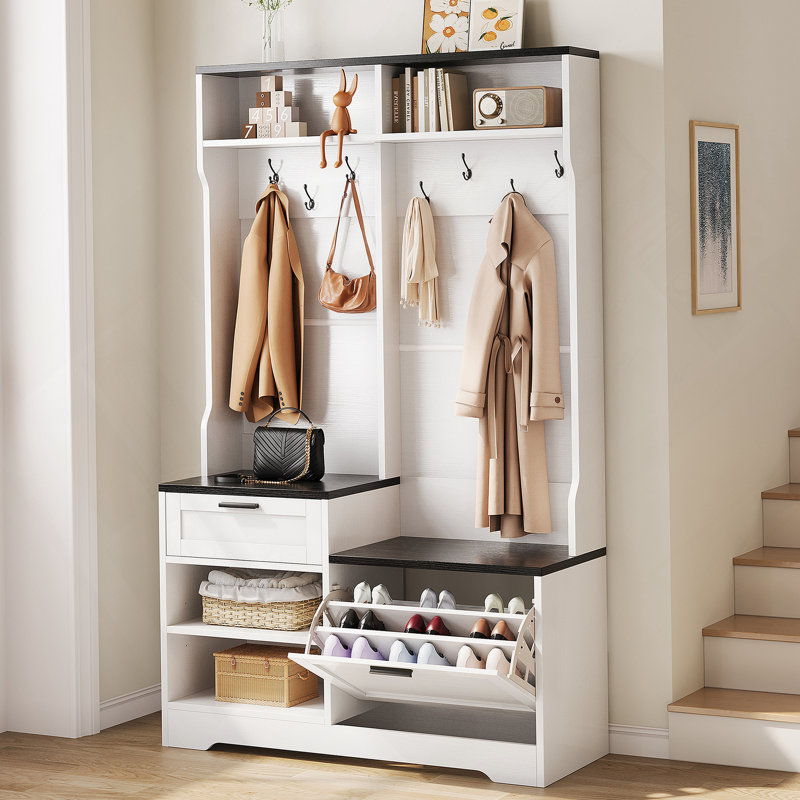 Hall Tree With Bench And Shoe Storage, 6-In-1 Entryway Organizer, 43.3" X 15.75" X 70.87", MDF Wood, Embossed White/Black Wood Grain Finish