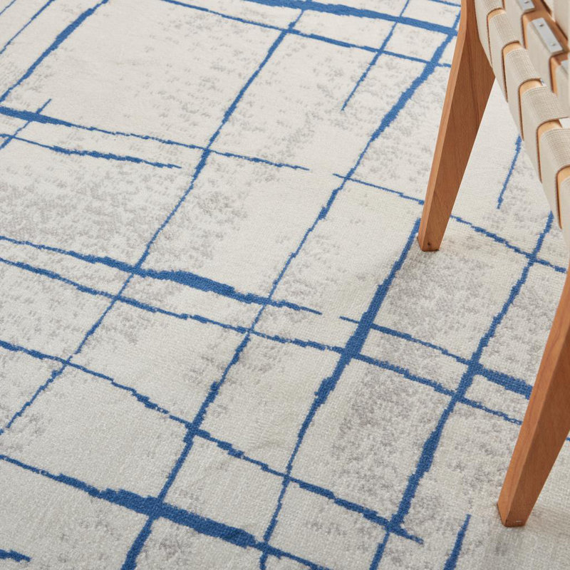 Ivory And Blue Irregular Grids Area Rug, Rectangle 6' x 9'