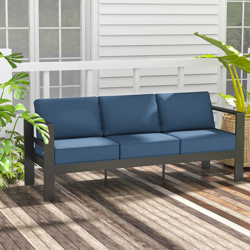 76'' Wide Aluminum Outdoor Sofa with Cushions, Navy, Dark Gray