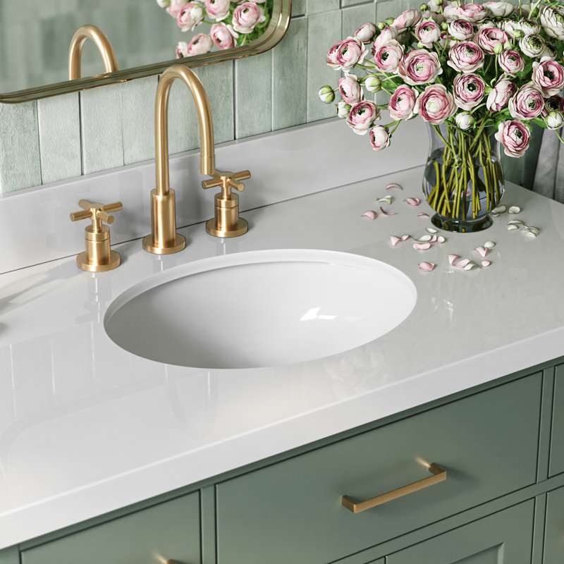 Meuble-lavabo simple en bois massif 42 po Odle avec plateau en quartz blanc 1,5 po, Ovale, Vert rétro / laiton satiné