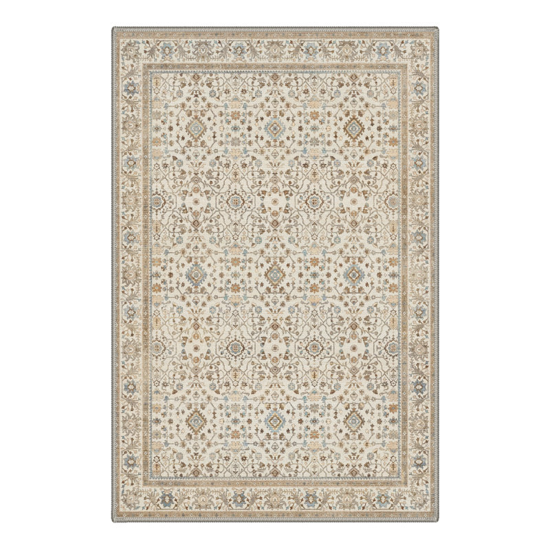 Paillasson traditionnel oriental beige/ivoire performant à poils courts, lavable et antidérapant, Rectangle 2' x 3'
