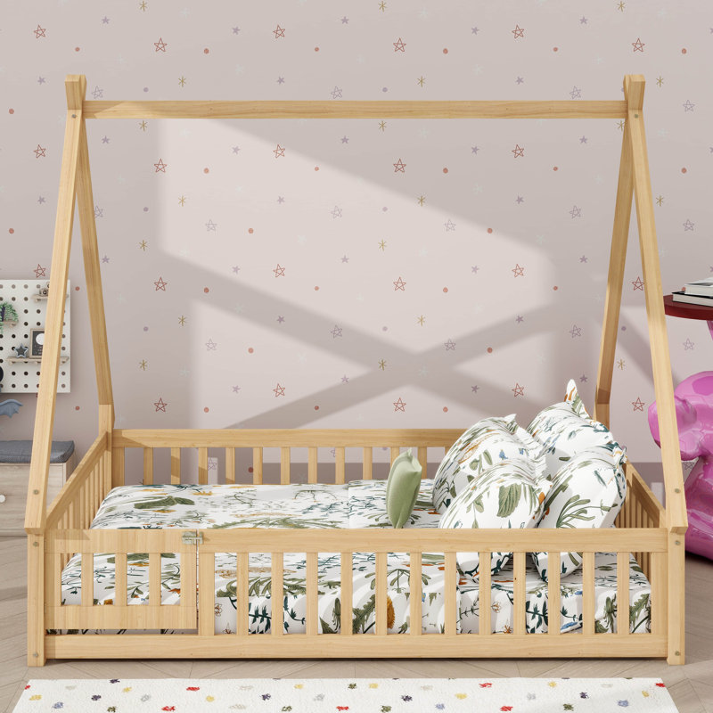 Lit double de style tente Montessori, structure de lit en bois avec garde-corps et lattes, Naturel