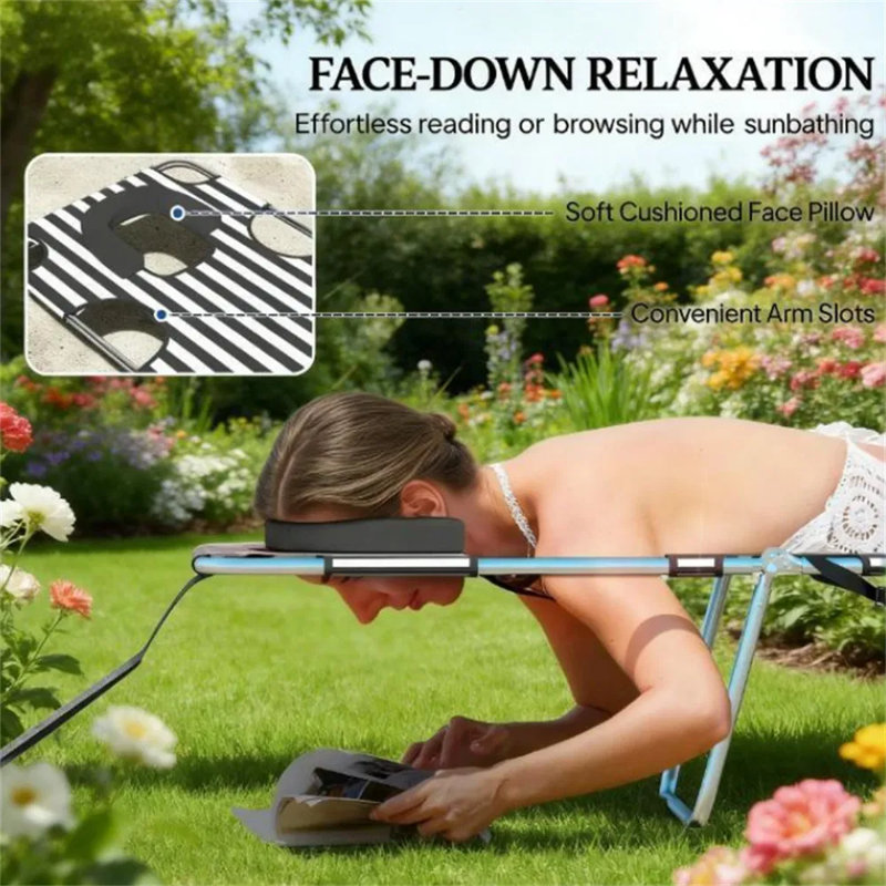 Black Stripe Sunbathing Chair, 5-position Adjustable Outdoor Lounge Chair With Face Cavity, Arm Slots & Side Pocket, Foldable Beach Sun Chair With Carry Strap, Oxford Fabric, 264 Lbs Capacity
