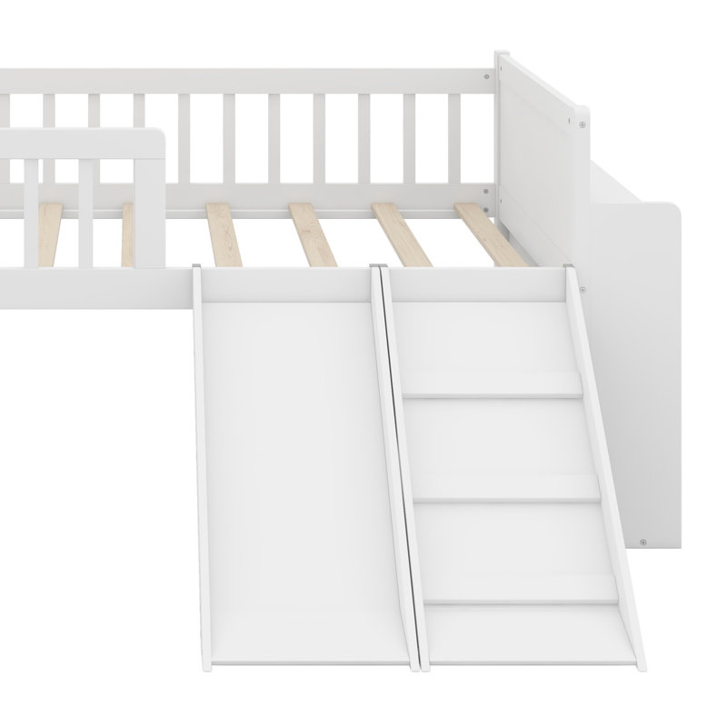 Base de lit plateforme avec tablette de rangement, glissoire, échelle et barrière de sécurité, Blanc