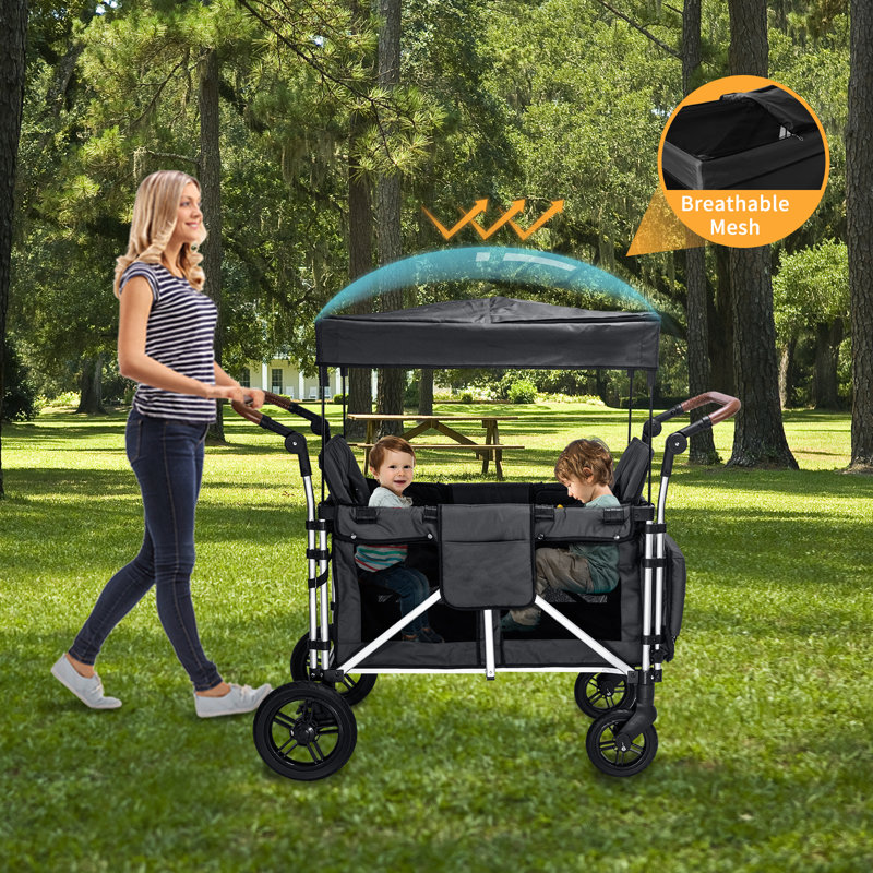 Stroller Wagon For 2 Kids,  Cart Featuring 2 High Seat With 5-point Harnesses And Adjustable Canopy, Foldable Double Push Bar For Garden