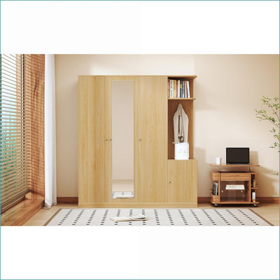 Commodes et amp; Garde-robe à 4 portes avec miroir pleine grandeur et tiroir Rangement pour chaussures | Blanc / gris / naturel | Panneau de particules
