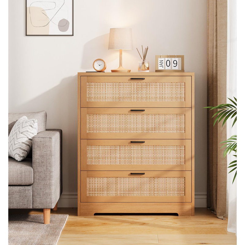 4 Drawer Dresser For Bedroom, Rattan Chest Of Dressers, Modern Wood Tall Dresser With Power Outlets, Drawer Organizer Unit With Metal Handle For Living Room Closet Hallway Entryway
