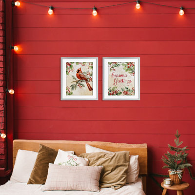 Season's Greetings and Cardinal 2pc Framed Print Under Glass Set, design by Nicole DeCamp