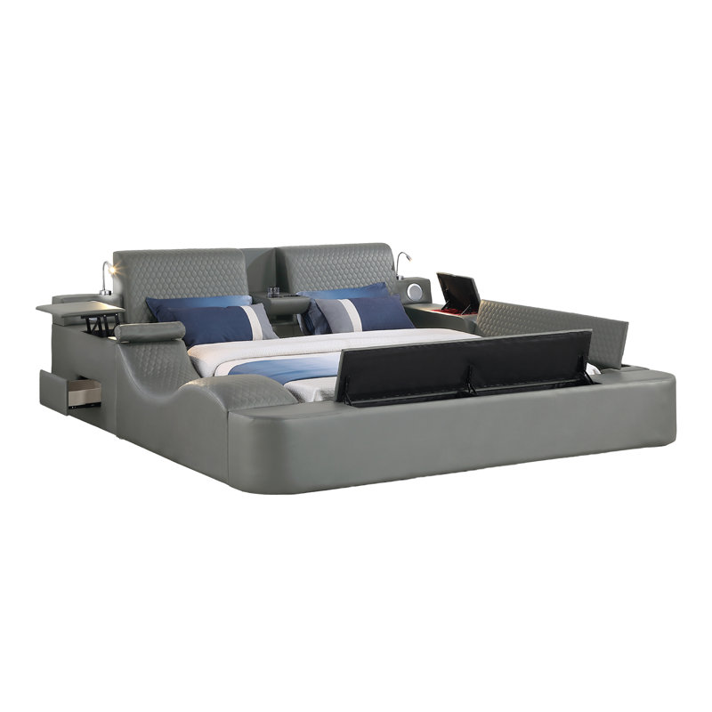 Lit multifonctionnel intelligent Ziora avec masseur, haut-parleurs Bluetooth et lampes de lecture, Très grand, gris