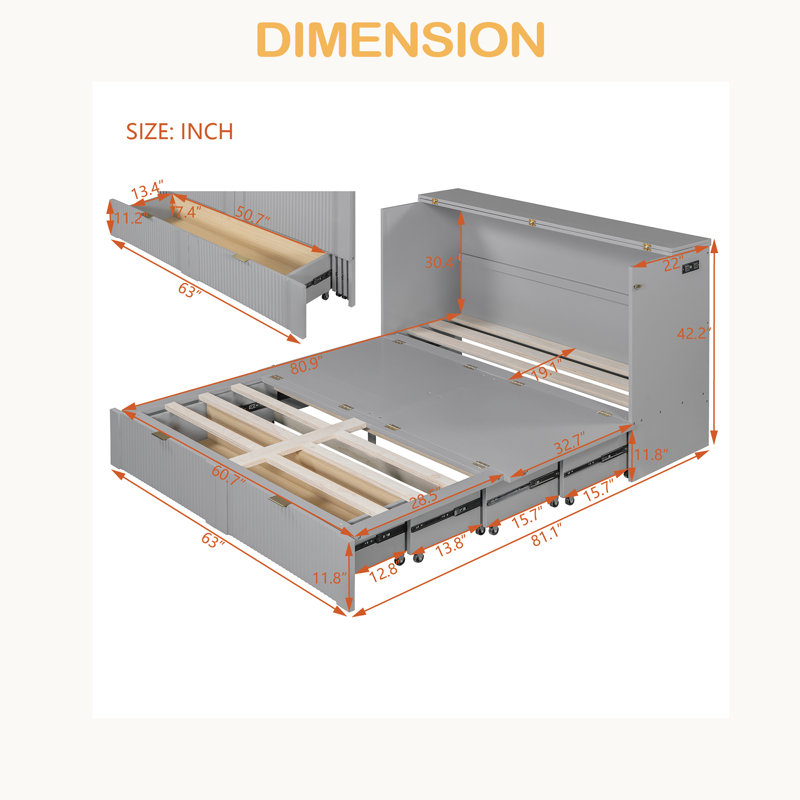 Lit escamotable avec tiroir et un ensemble de prises et ports USB, structure de poulie, Grand lit, Gris