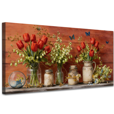 Vintage Tulip Floral Canvas Wall Art, 2:1 Panoramic Wrapped Canvas Print with Red Tulips, Mason Jars and Rustic Wood Background for Kitchen Decor 20×40 Inch