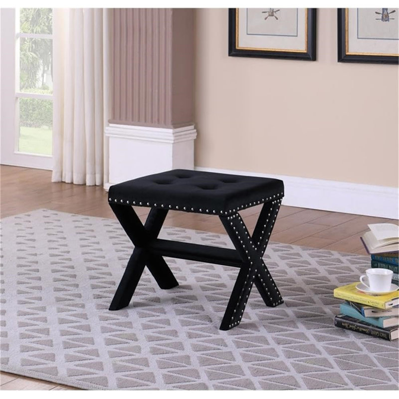 Banc d'appoint rembourré en velours avec garniture cloutée, Noir