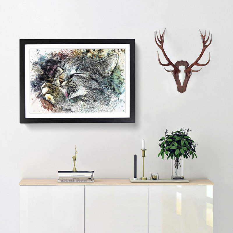 Cat Licking its Paw in Abstract - Picture Frame Graphic Art Print, 27cm H x 36cm W x 2cm D, Black Framed