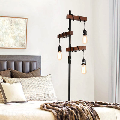 Dimmable Industrial Floor Lamp, Farmhouse Tree Floor Lamp, 68 Inch 3 Lights Wood Standing Lamp, Sturdy Base Tall Vintage Pole Light, Metal Black Floor Lamps For Living Room Bedroom Office Rustic Home