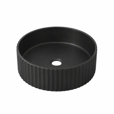 Lavabo de salle de bain vasque rond en céramique 13,78 "noir, lavabo de comptoir cannelé avec ouverture de drain standard 1,75"